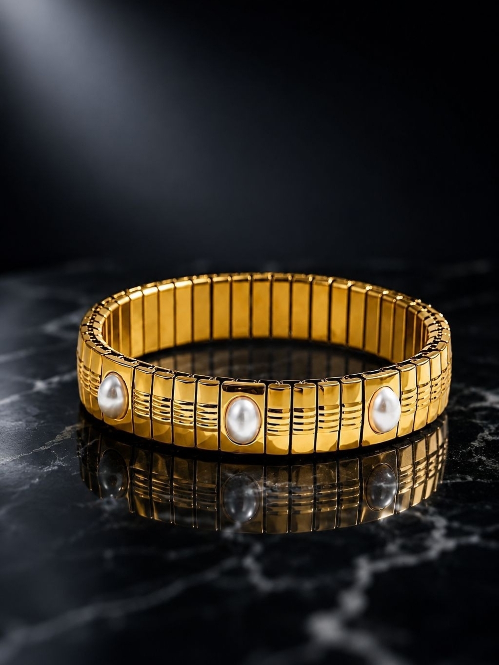Gold Tone Stretch Bracelet with White Pearls - Picture 2 of 3